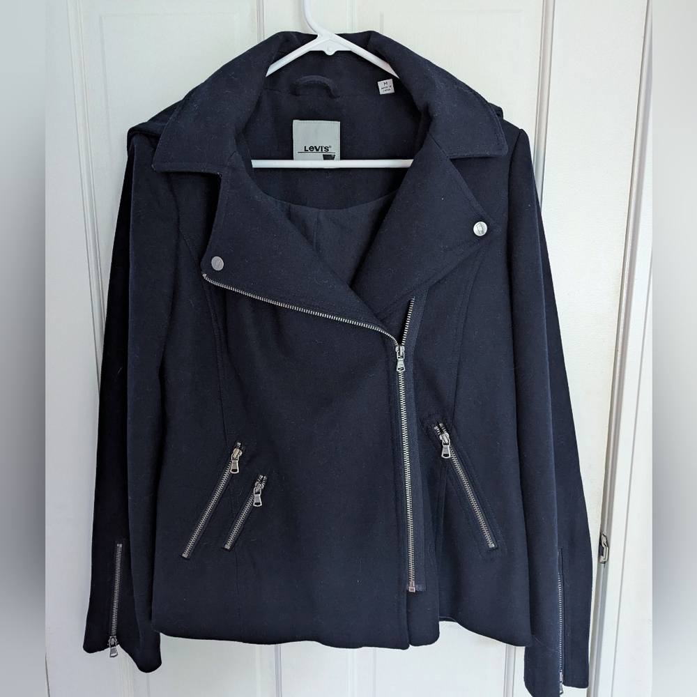 Levi's Asymmetrical Zip Up Navy Blue Hooded Wool Coat Size Medium